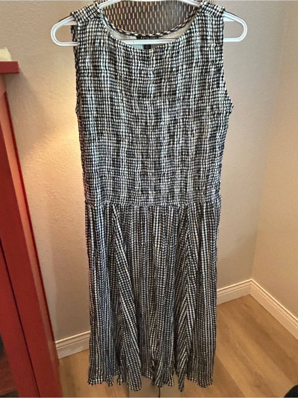 This Year Style! J.Crew Black & White Smocked Gingham Sleeveless Midi Dress